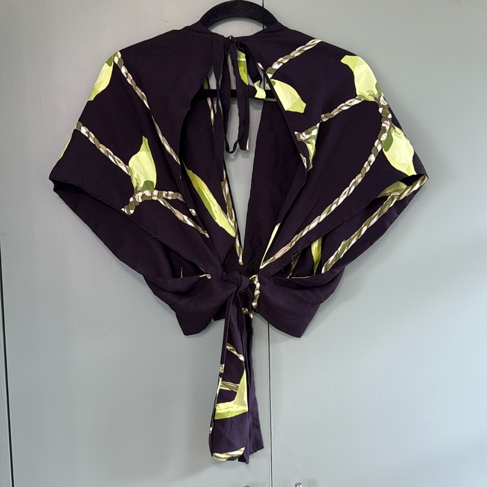 Lexbreezy Hawaii Floral Crop Top Black Green Hilo Lei Blouse Tropical Open Back - Picture 4 of 5